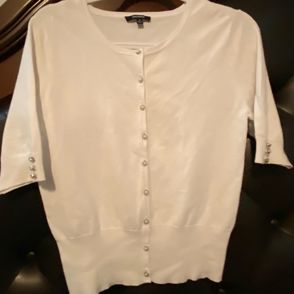 Premise White Round-Neck Cardigan with Pearl Snap
